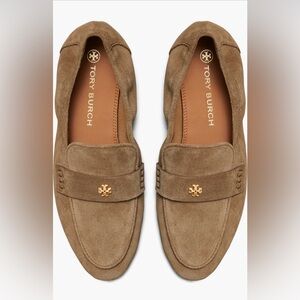 Tory Burch Taupe Suede Penny Loafers with Gold Logo